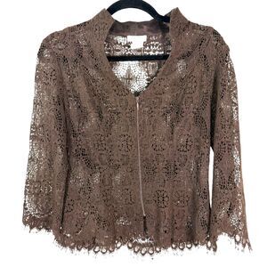 Cache Vintage Brown Lace Zip Topper Cardigan Blouse Sheer Size Small